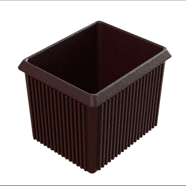 A small, rectangular, dark brown plastic server bowl with ribbed sides and a slightly flared rim. The smooth interior makes it ideal for cold holding, and the container is empty, displayed against a white background.