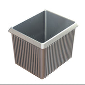 A rectangular, metallic server bowl with vertical ridges on its exterior sides, silver in color, and an open top. Made of cast aluminum, its inner surface is smooth while the outer is textured. The container sits empty against a plain white background.