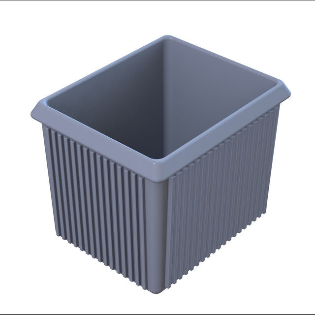 A rectangular, open-top, gray cast aluminum container with vertical ridges on the outer sides. The server bowl features a smooth interior and slightly flared top edge, ideal for cold holding. The image is shown at an angle on a white background.