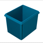 A blue, rectangular plastic bin with vertical ridges along the sides and a wide, flat rim at the top—ideal for cold holding or as a server bowl. The bin is empty and shown against a plain white background.