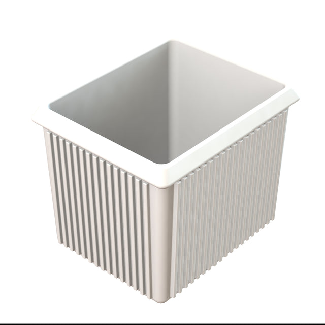 A rectangular, light gray plastic storage bin with vertical ridges on the sides and a smooth, white rim. Reminiscent of a Server Bowl, the bin is empty and shown against a white background, angled to reveal the interior and two sides.