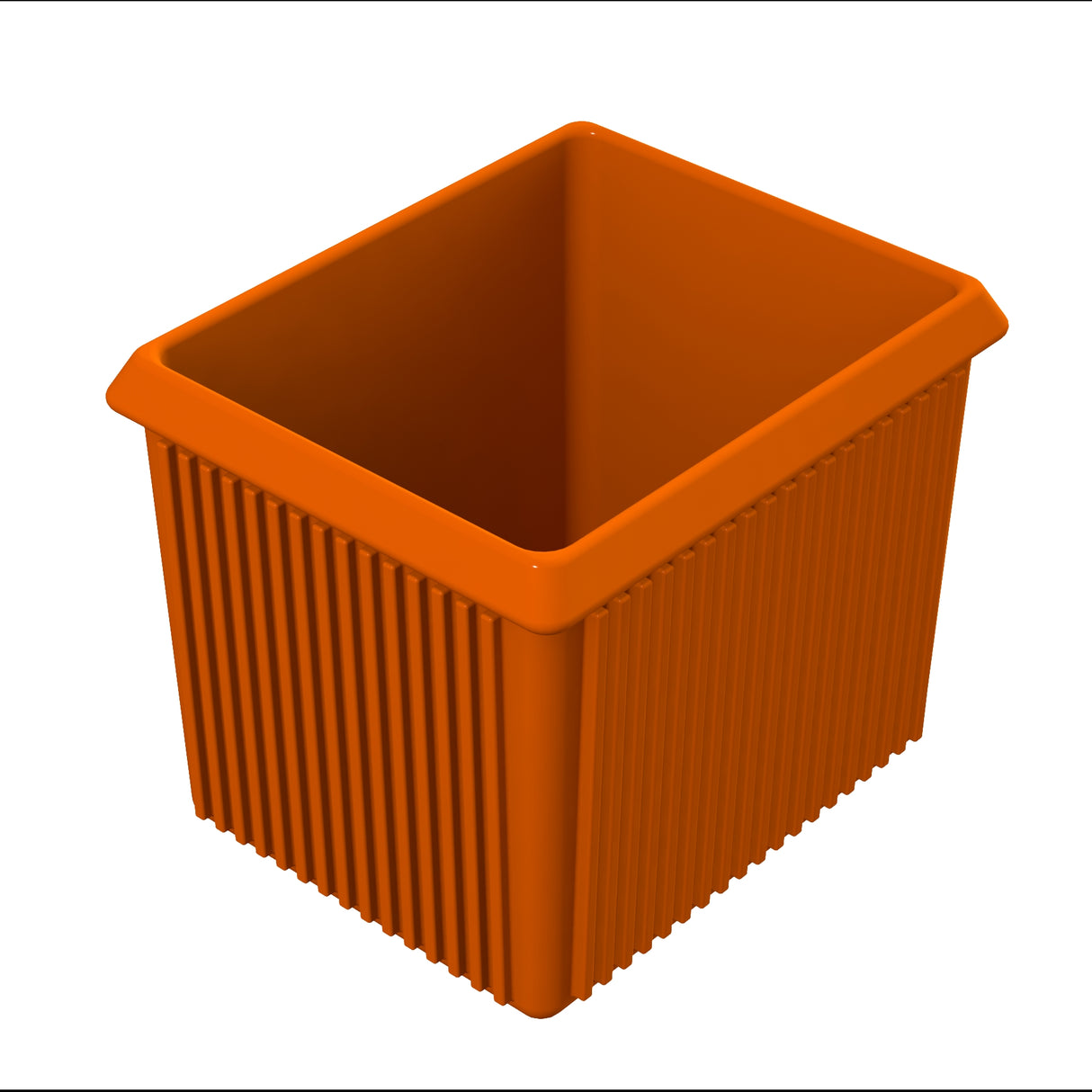 A square-shaped, orange plastic server bowl with vertical ridges on the sides and a wide rim. The container is empty and shown at an angle, highlighting its depth and textured surface against a plain white background.