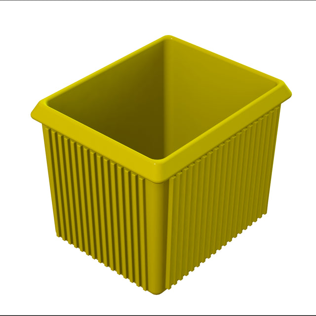 A yellow Server Bowl, wide at the top and narrowing toward the base, features vertical ridges on its sides. This empty plastic container is ideal for cold holding and is shown angled above against a white background.