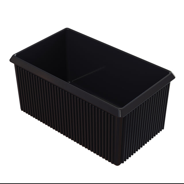 A black rectangular Server Bowl with vertical ridges along its sides, open at the top. The smooth interior is ideal for cold holding, and the container sits on a plain white background.