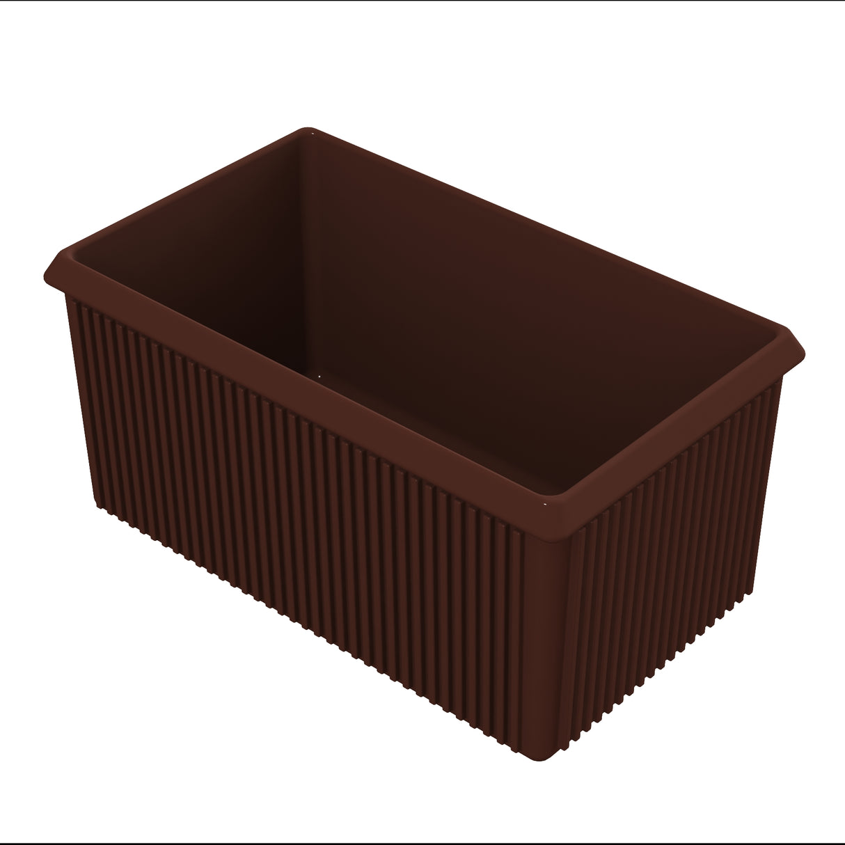 A rectangular, brown, ribbed plastic server bowl with straight sides and a wide open top. The smooth interior contrasts with vertical grooves on the exterior. The container appears empty and is photographed against a white background.