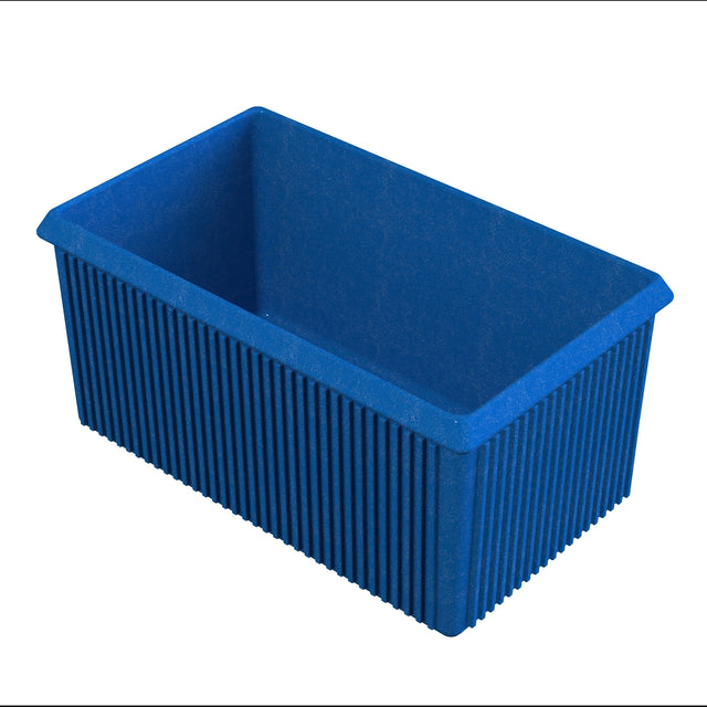 A rectangular, deep blue Server Bowl with vertical ribbed sides, an open top, and slightly flared edges, shown on a white background. The inside is smooth and ideal for cold holding, and the container is empty.