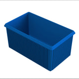 A blue rectangular plastic storage bin with vertical ridges along the sides. Ideal for cold holding, the bin has slightly flared edges at the top and is empty, photographed on a white background.