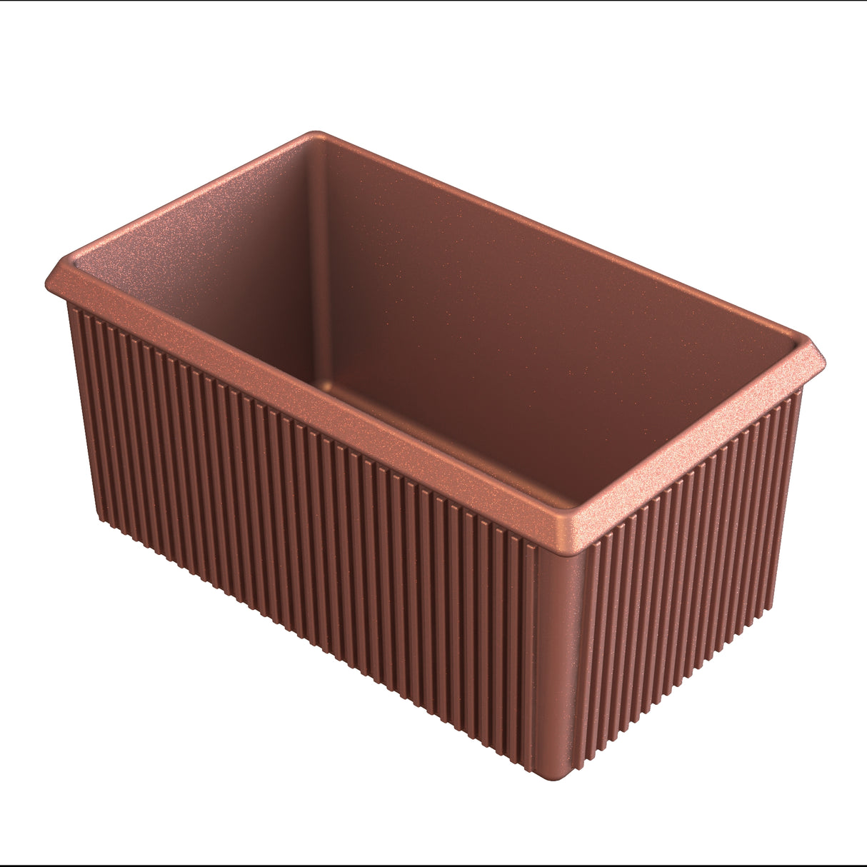 A rectangular, brown baking loaf pan with a copper finish features slightly flared edges and vertical ridges along the sides. The non-stick, shiny surface is empty, viewed from an angle showing the interior and side texture.