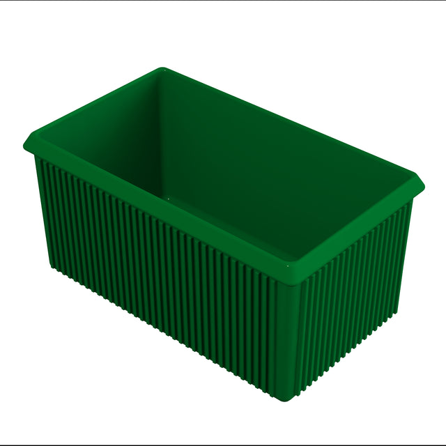 A rectangular green plastic server bowl with vertical ridges on its sides and a smooth rim. The container is empty and viewed from a slight angle, showing its deep interior and sturdy construction.