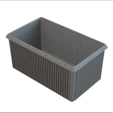 A rectangular, gray server bowl with vertical ridges along its exterior sides and smooth inner walls. The container has slightly flared edges at the top and appears to be made of sturdy cast aluminum, ideal for cold holding applications.