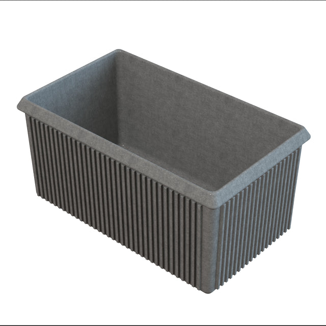 A rectangular, gray server bowl with vertical ridges along its exterior sides and smooth inner walls. The container has slightly flared edges at the top and appears to be made of sturdy cast aluminum, ideal for cold holding applications.