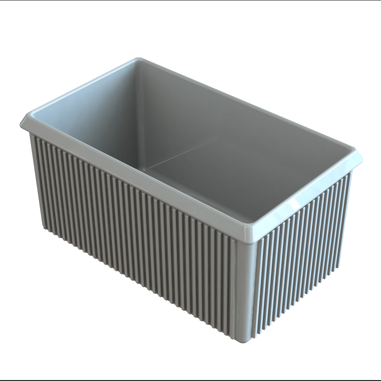 A rectangular, gray Server Bowl container with vertical grooves on the outer sides and smooth inner walls sits on a white background. Made for cold holding, the container has a slightly flared rim and appears empty.