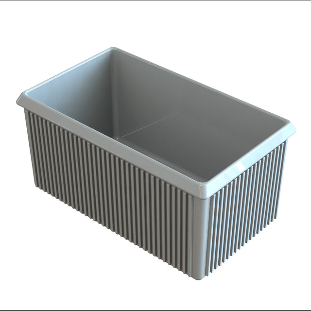 A rectangular, gray Server Bowl container with vertical grooves on the outer sides and smooth inner walls sits on a white background. Made for cold holding, the container has a slightly flared rim and appears empty.