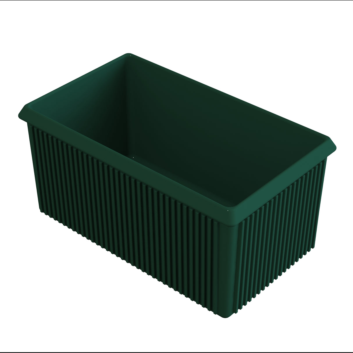 A rectangular, deep green plastic storage bin with vertical ridges along the sides is perfect for cold holding. The bin is open at the top, with smooth inner walls and a sturdy rim, angled to show both the inside and outside.