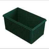 A rectangular, deep green plastic storage bin with vertical ridges along the sides is perfect for cold holding. The bin is open at the top, with smooth inner walls and a sturdy rim, angled to show both the inside and outside.