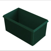 A rectangular, deep green plastic storage bin with vertical ridges along the sides is perfect for cold holding. The bin is open at the top, with smooth inner walls and a sturdy rim, angled to show both the inside and outside.