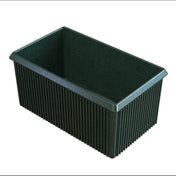A dark green, rectangular cast aluminum planter box with vertical ridges on the outer sides and slightly flared edges. The interior is smooth and empty, and the box is photographed against a white background.