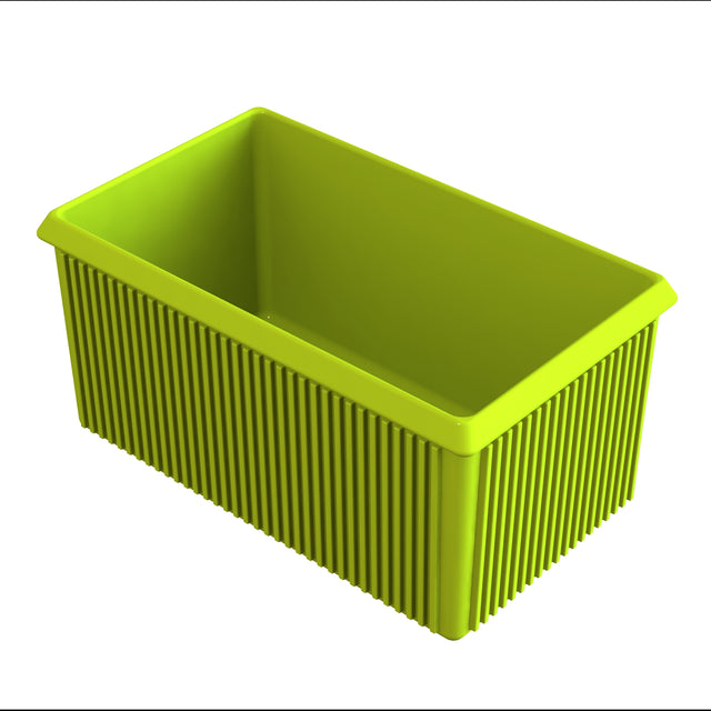 A rectangular, bright green plastic storage bin with vertical ridges along its sides and a smooth interior, perfect for cold holding, is shown on a plain white background. The bin has slightly flared edges at the top.