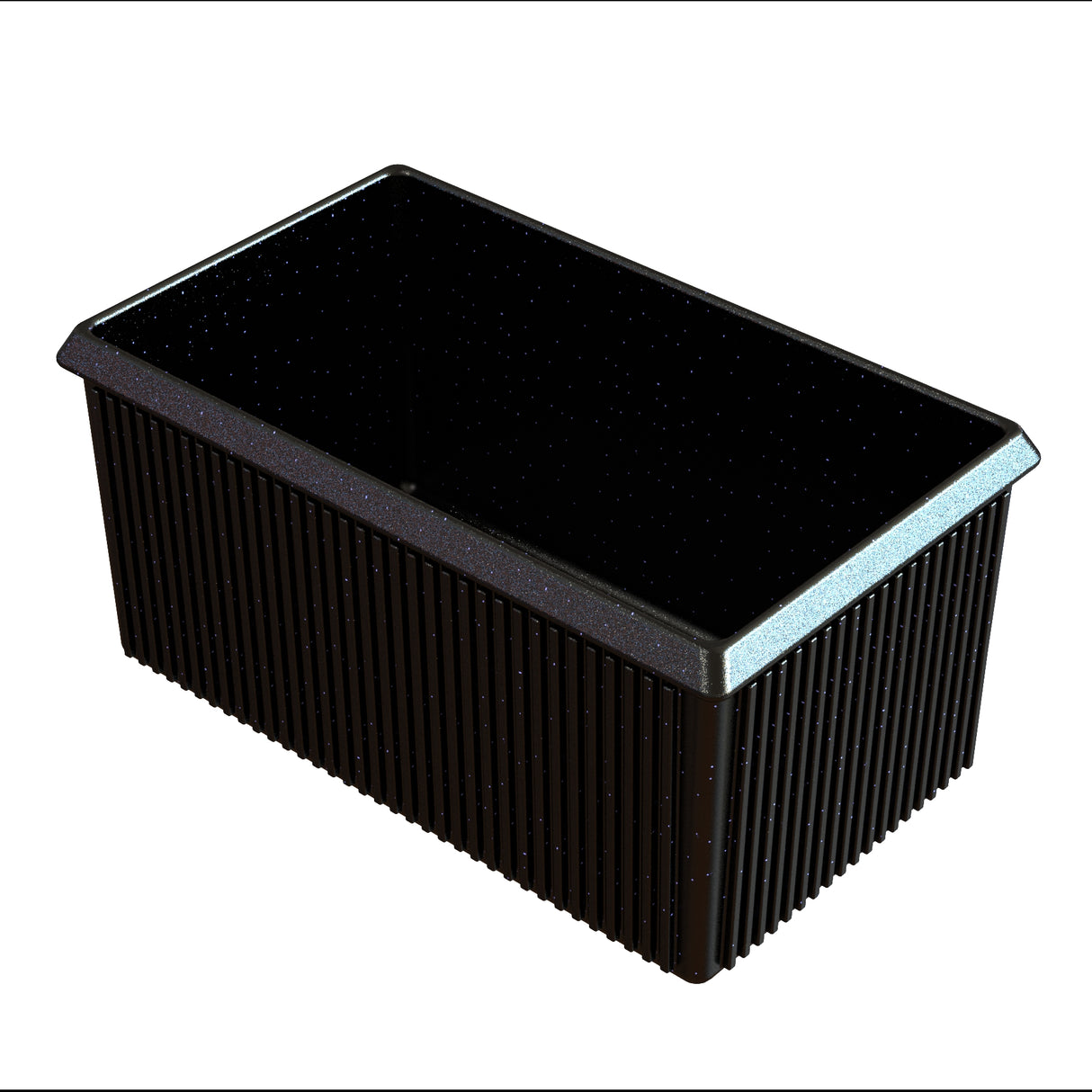 A rectangular, black plastic server bowl with vertical ridges on the sides and a slightly raised rim around the top edge, photographed on a white background. The shiny, smooth interior contrasts with the matte exterior.