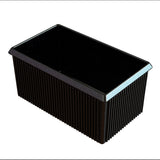 A rectangular, black plastic server bowl with vertical ridges on the sides and a slightly raised rim around the top edge, photographed on a white background. The shiny, smooth interior contrasts with the matte exterior.