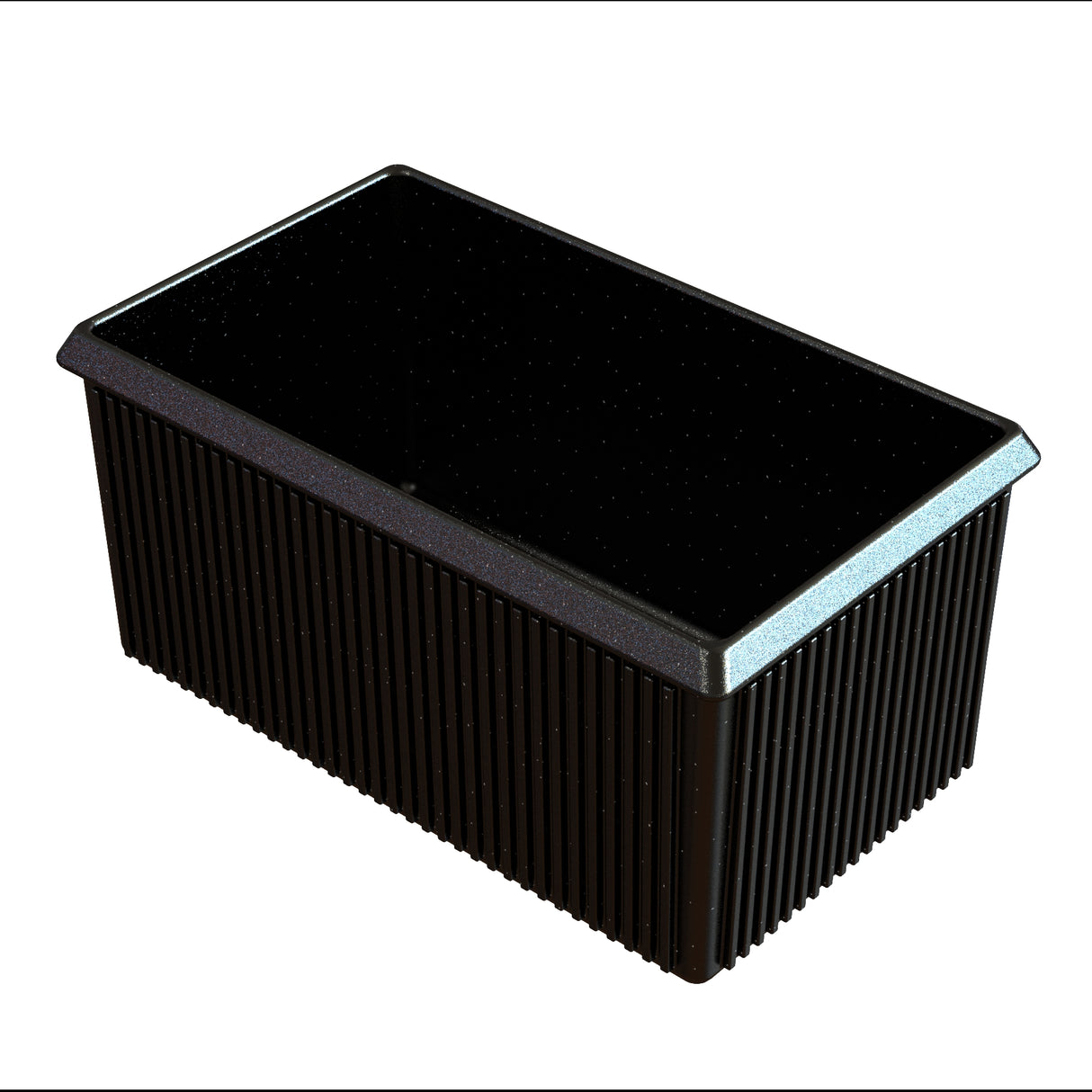A rectangular, black plastic food container with vertical ridges on the sides and a smooth, flat, glossy lid—ideal for cold holding. The container is isolated on a white background.