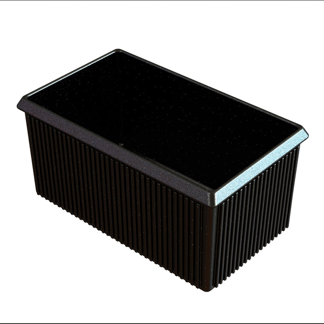A rectangular, black plastic food container with vertical ridges on the sides and a smooth, flat, glossy lid—ideal for cold holding. The container is isolated on a white background.