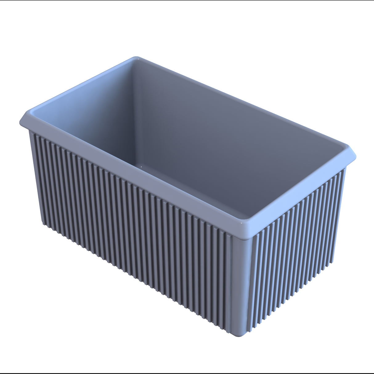 A rectangular, ribbed plastic Server Bowl with straight sides and an open top. Light gray with vertical ridges along the exterior, it's ideal for cold holding. The smooth and plain interior rests on a white background.