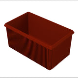 A rectangular, deep, dark red server bowl with textured vertical ridges on the outer sides. The container is empty with slightly rounded edges and an open top. The smooth interior is visible from an angled, overhead perspective.