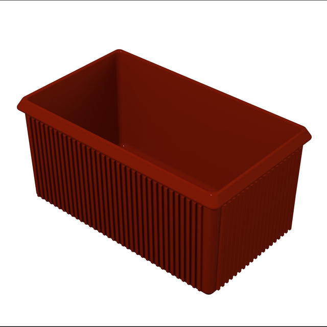 A rectangular, deep, dark red server bowl with textured vertical ridges on the outer sides. The container is empty with slightly rounded edges and an open top. The smooth interior is visible from an angled, overhead perspective.
