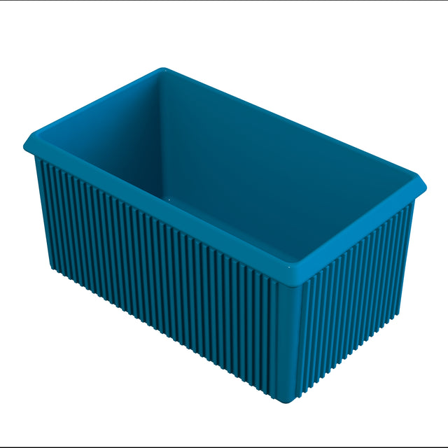 A rectangular blue plastic storage bin with vertical ridges on its exterior sides, shown empty against a white background. Ideal for cold holding, the bin has slightly flared edges at the top and a smooth interior.