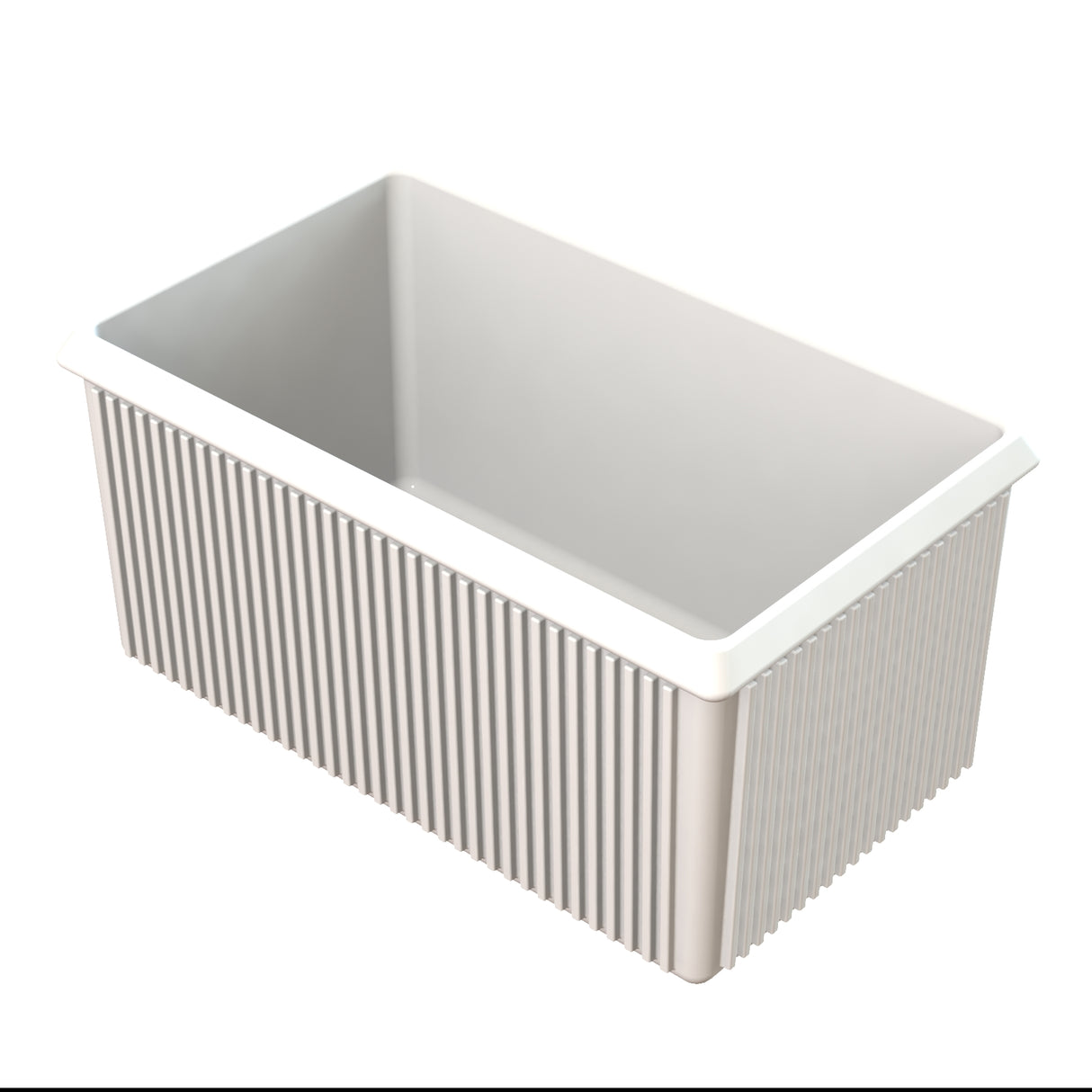 A rectangular, light gray Server Bowl storage bin with a smooth white interior. The vertically ridged sides offer texture and grip. Made of plastic, it sits clean and empty on a plain white background—ideal for cold holding needs.