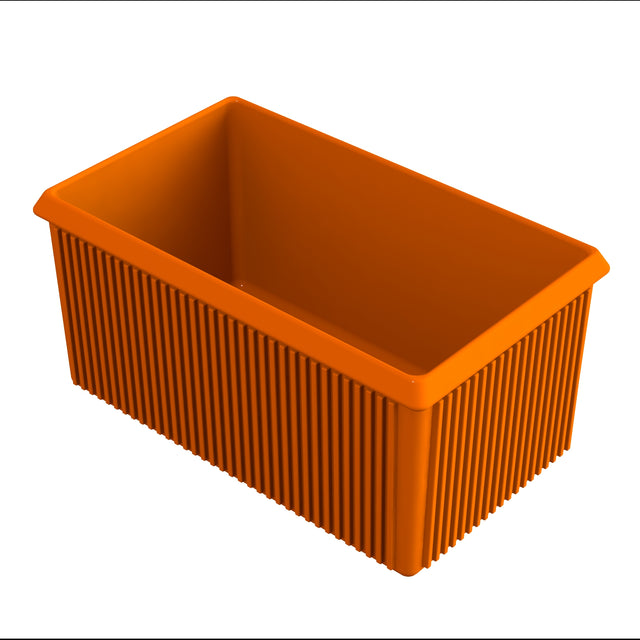 A rectangular, orange plastic server bowl with tall, straight sides and vertical ridges on the exterior. The interior is smooth, and the container is open at the top, viewed from a slightly angled perspective.