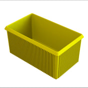 A bright yellow rectangular plastic server bowl with vertical ridges along the sides, viewed from an angle above. The inside is smooth and empty, corners are slightly rounded, and the thick rim is flat. The background is plain white.