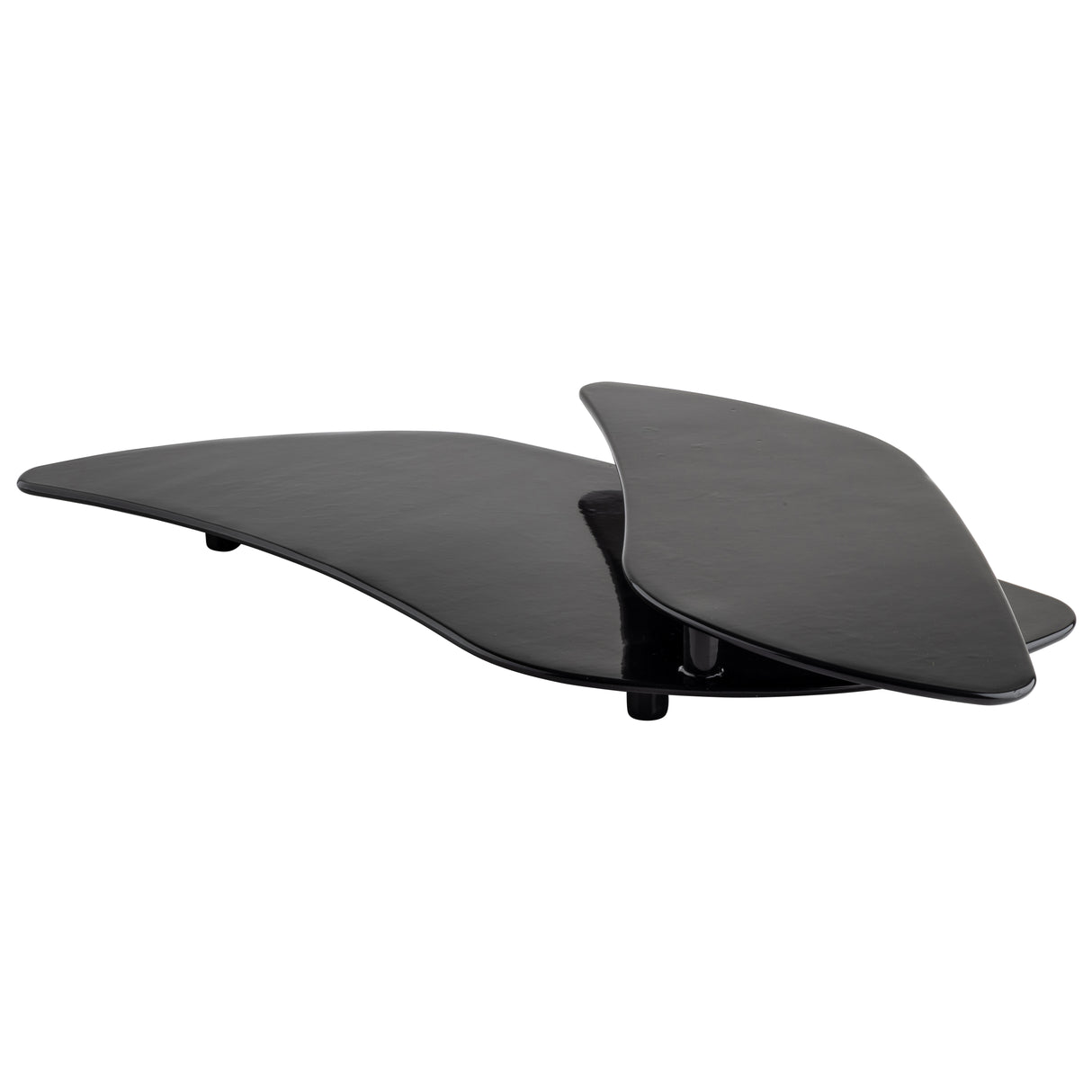 Sculptural, glossy black coffee table crafted from Duracoat coated cast aluminum features two overlapping, curved, asymmetrical tiers supported by short cylindrical legs. The top tier is smaller and offset for a distinct, modern look.