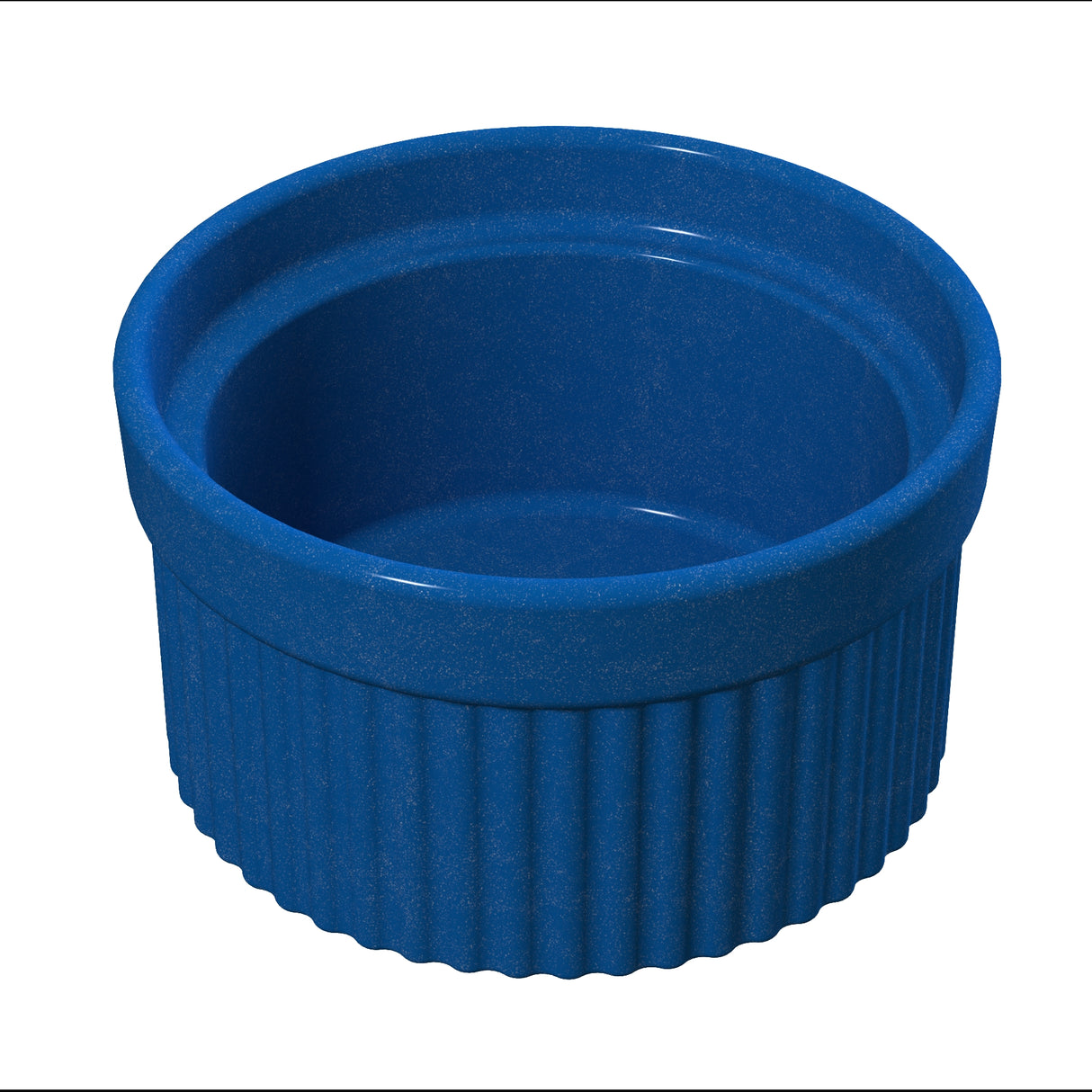 A small, round, deep blue Souffle Bowl ceramic ramekin with a smooth interior and ribbed, textured exterior. The slightly thicker, glossy rim and vertical sides create a classic baking dish shape. This bowl is empty and dishwasher safe.