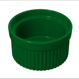 A small, round, deep green Souffle Bowl sauce cup with a smooth rim and vertically ribbed sides, isolated on a white background. Dishwasher safe, the empty cup's inner and outer surfaces are visible.