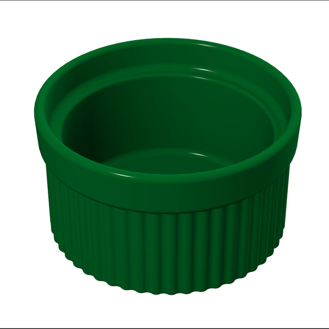 A small, round, deep green Souffle Bowl sauce cup with a smooth rim and vertically ribbed sides, isolated on a white background. Dishwasher safe, the empty cup's inner and outer surfaces are visible.