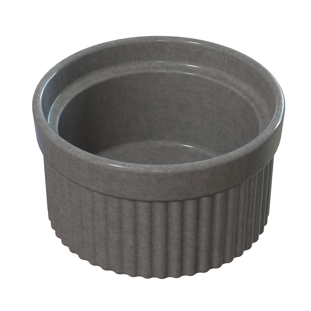 A gray ceramic souffle bowl with vertical ridges along the lower half and a smooth upper rim, shown empty against a white background. The round dish has a glossy finish, suitable for baking or serving small portions. Dishwasher safe for easy cleaning.