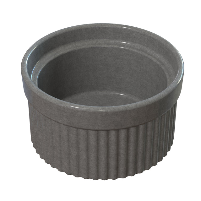 A gray ceramic souffle bowl with vertical ridges along the lower half and a smooth upper rim, shown empty against a white background. The round dish has a glossy finish, suitable for baking or serving small portions. Dishwasher safe for easy cleaning.