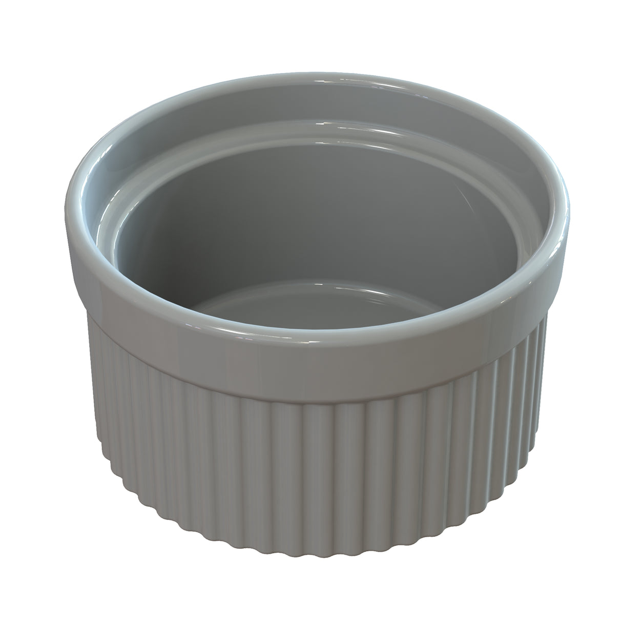 A white ceramic souffle bowl with a smooth, glossy finish. The sides feature vertical, evenly-spaced ridges for grip, and the interior is smooth. This ramekin is empty and set against a plain white background.
