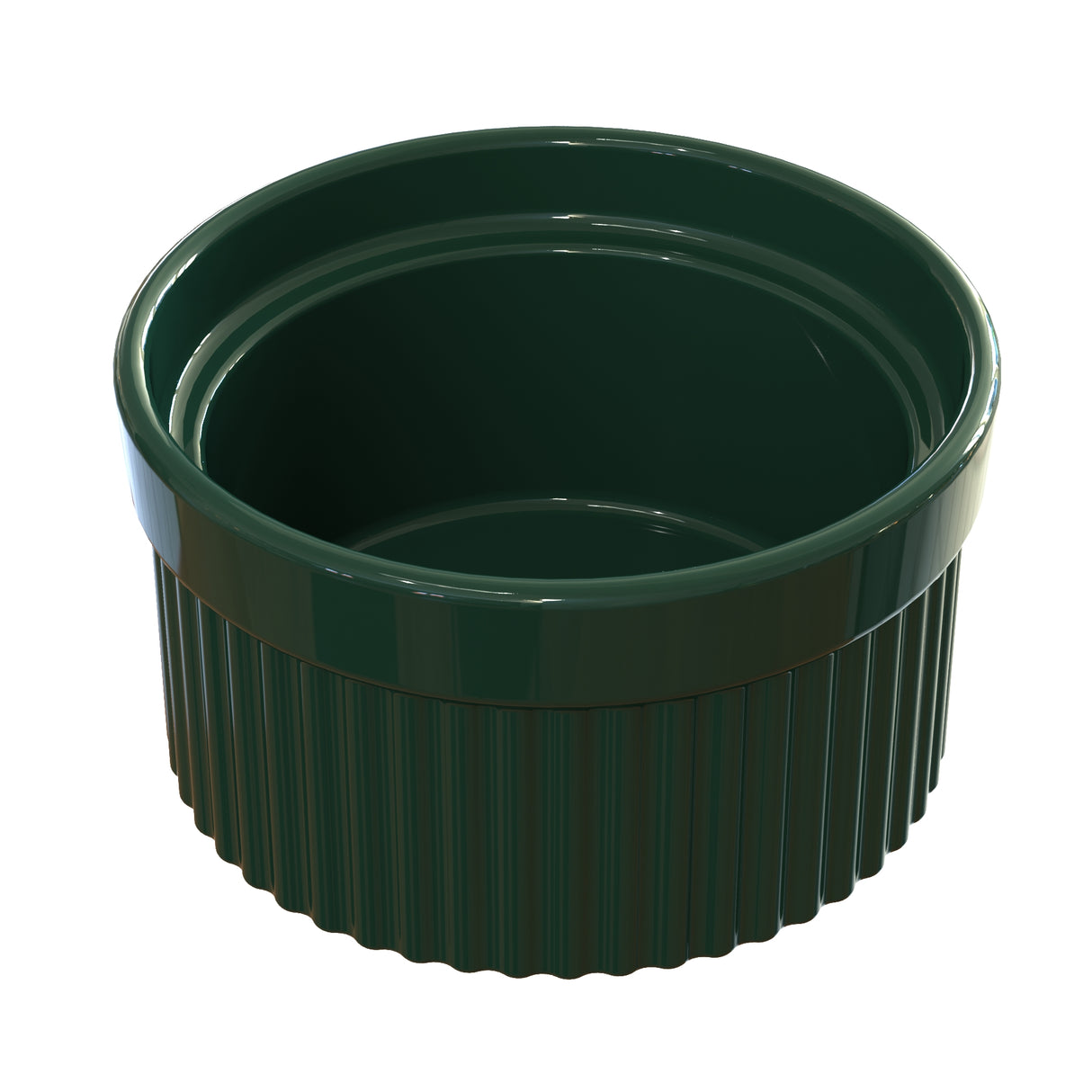 A dark green, round souffle bowl with vertical ridges and a smooth upper rim, shown on a white background. The glossy, reflective interior highlights its empty state—perfect for stylish serving and dishwasher safe for easy cleanup.