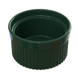 A dark green, round souffle bowl with vertical ridges and a smooth upper rim, shown on a white background. The glossy, reflective interior highlights its empty state—perfect for stylish serving and dishwasher safe for easy cleanup.