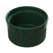 A dark green, round souffle bowl with vertical ridges and a smooth upper rim, shown on a white background. The glossy, reflective interior highlights its empty state—perfect for stylish serving and dishwasher safe for easy cleanup.