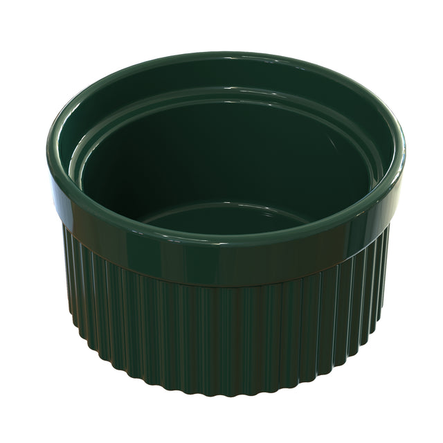 A dark green, round souffle bowl with vertical ridges and a smooth upper rim, shown on a white background. The glossy, reflective interior highlights its empty state—perfect for stylish serving and dishwasher safe for easy cleanup.