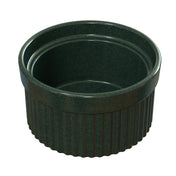 A dark green, round ceramic Souffle Bowl with vertical ridges on the lower half and a smooth rim. The glossy interior contrasts with the matte finish exterior for a sturdy, elegant look. This dishwasher safe ramekin is empty and seen from a slight angle.