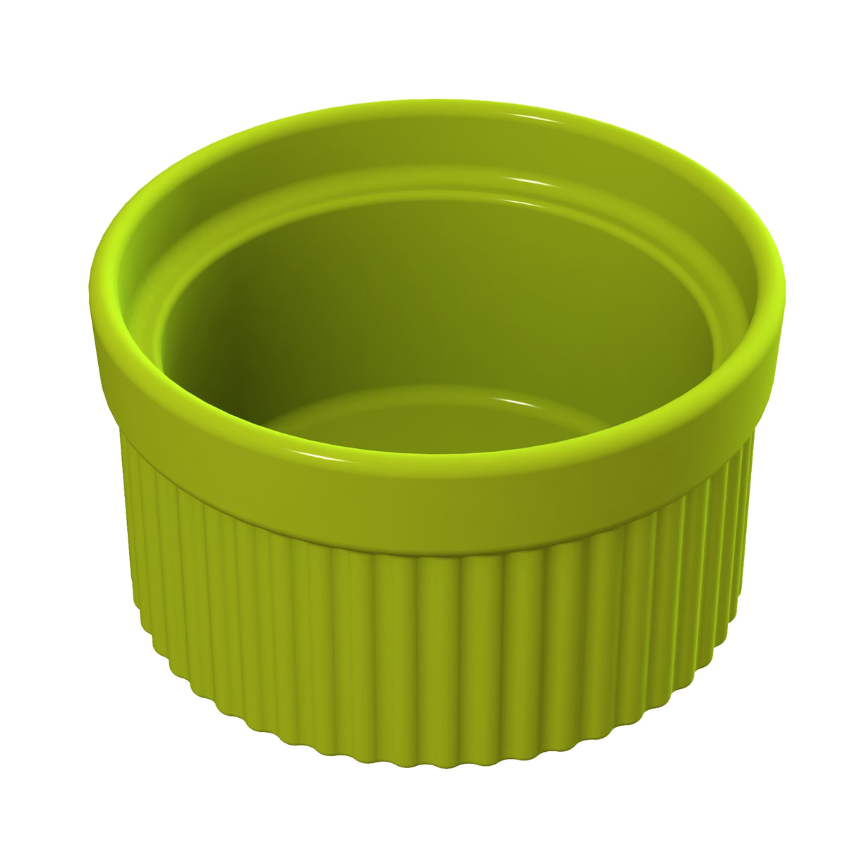 A bright green, round ceramic souffle bowl with a smooth top edge and vertical ribbed sides, shown empty against a white background. The glossy surface reflects light, highlighting its shiny texture. This ramekin is also dishwasher safe.