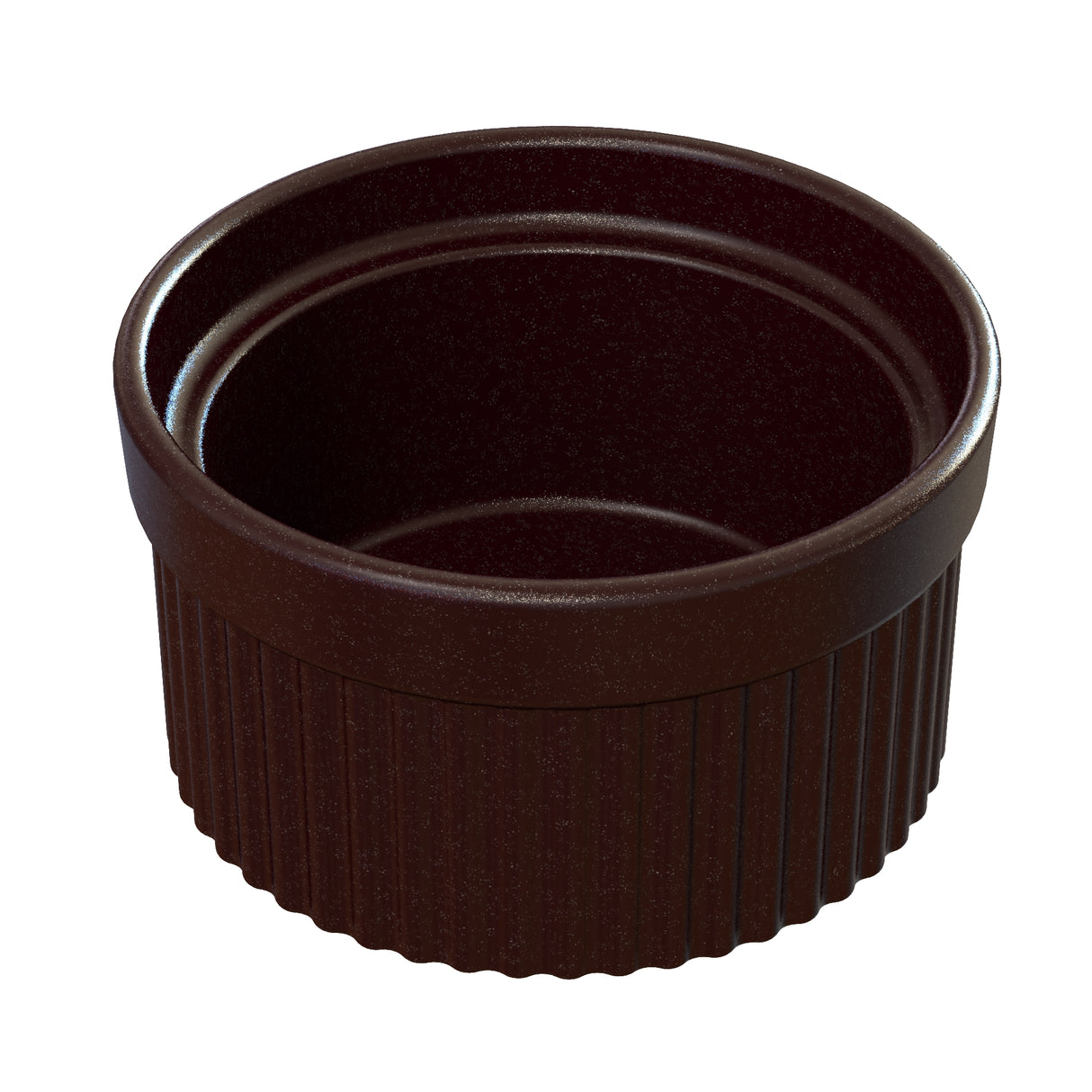 A small, round, dark brown ceramic souffle bowl with ribbed sides and a smooth, glossy interior. The dish is empty and sits on a plain white background.