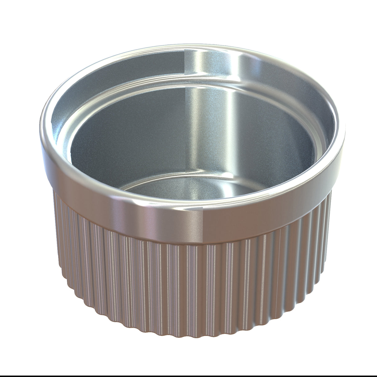 A shiny, silver-colored cast aluminum Souffle Bowl with a smooth interior and vertical ridges on the exterior sides, shown on a white background. The empty, round ramekin is ideal for baking, serving small dishes, or cold holding ingredients.