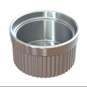 A shiny, silver-colored cast aluminum Souffle Bowl with a smooth interior and vertical ridges on the exterior sides, shown on a white background. The empty, round ramekin is ideal for baking, serving small dishes, or cold holding ingredients.