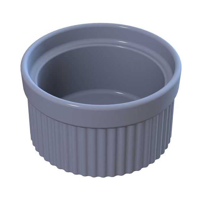 A small, round, gray ceramic souffle bowl with a smooth interior and ribbed exterior sides, shown on a white background. The empty ramekin has a glossy finish that reflects light. Perfect for cold holding desserts or appetizers.